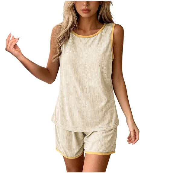 FRSASU Pajamas Set for Women 2 Piece Ribbed Knit Lounge Set Sleeveless Crew Neck Matching Shorts Sleepwear Soft Pjs Beige