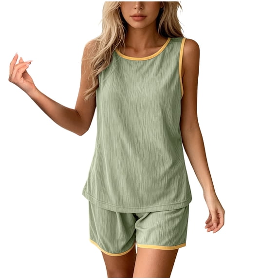FRSASU Pajamas Set for Women 2 Piece Ribbed Knit Lounge Set Sleeveless Crew Neck Matching Shorts Sleepwear Soft Pjs Green
