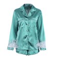 thumbnail image 1 of FRSASU Pajamas Set for Women with Feather Cuffs, Satin Long Sleeve Button Down Sleepwear Nightwear Loungewear Soft Sets Green, 1 of 2