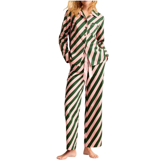 FRSASU Pajamas Sets 2PC Women Long Sleeve Button up Striped Shirts and Pants Ladies Soft Sleepwear Lounge Sets Army Green