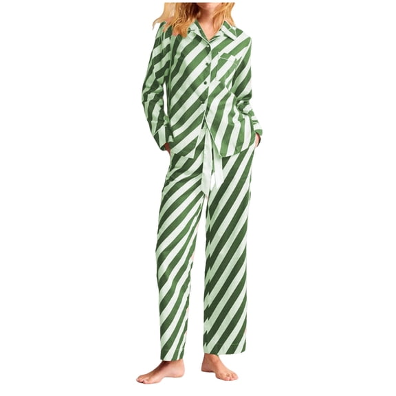 FRSASU Pajamas Sets 2PC Women Long Sleeve Button up Striped Shirts and Pants Ladies Soft Sleepwear Lounge Sets Green