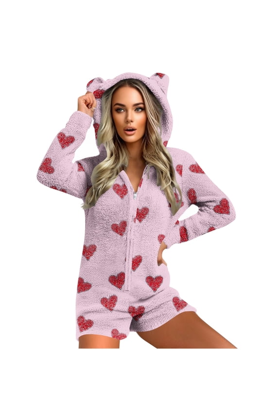 Pajamas Shorts Jumpsuit for Womens Warm Hooded with Ear Heatr Print Romper Zipper Sleepwear Playsuit with Pocket Pink