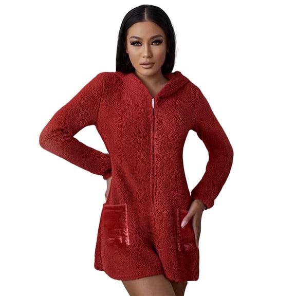 FRSASU Pajamas Shorts Jumpsuit for Womens Warm Hooded with Ear Romper Zipper Sleepwear Playsuit with Pocket Red