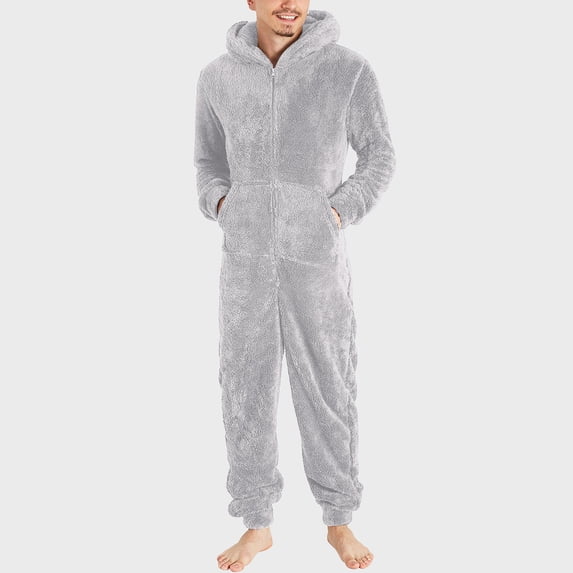 FRSASU Pajamas for Men Fuzzy Fleece Hooded Jumpsuits Loungewear Long Sleeve Zip Up Plush Overall Winter Comfy Warm Rompers Gray