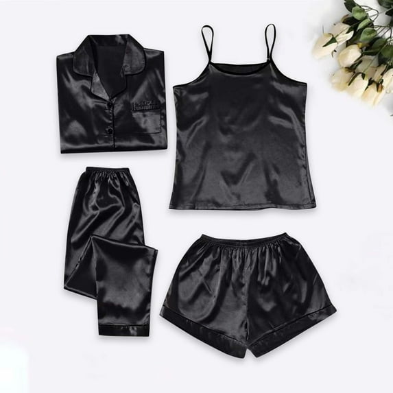 FRSASU Pajamas for Women Clearance，Women'S Home Clothing Comfort Set Four Piece Color Ding Set Suspender Set Long Sleeved Pants Pajamas Black L(L)