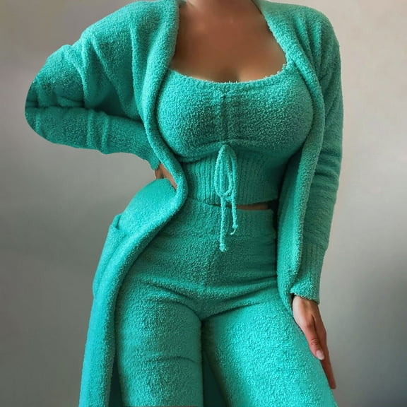 FRSASU Pajamas for Women omen'S Solid Vests and Long Sleeve Overcoat Tops and Long Pants Suits Pajamas 3-Piece Set Green 8(L)