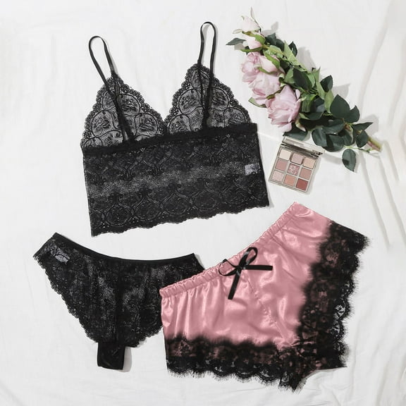 FRSASU Pajamas for Women omen V-Neck Eyelash Lace Stain Camisole Pajamas Bowknot Shorts Set Pink XXL(XXL)