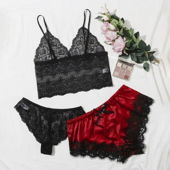 FRSASU Pajamas for Women Clearance,Women V-Neck Eyelash Lace Stain Camisole Pajamas Bowknot Shorts Set Red XL(XL)