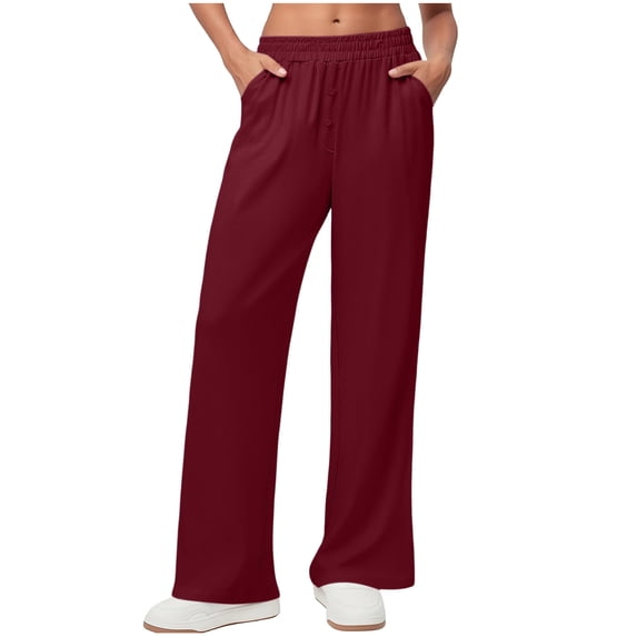 FRSASU Pants for Women Button Elastic Waist Spring Fall Pants Lightweight Solid Color Trousers with Pockets Red