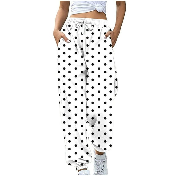 FRSASU Pants for Women Fashion Casual Polka Dot Printing High Waisted Drawstring Loose Ankle Pants White L(L)