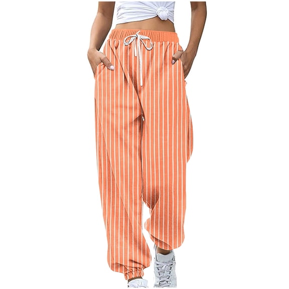 FRSASU Pants for Women Fashion Casual Stripe Printing High Waisted Drawstring Loose Ankle Pants Orange S(S)