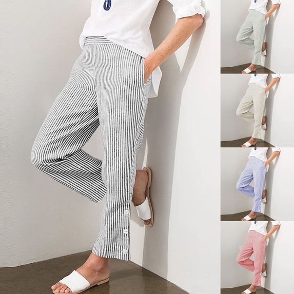 FRSASU Pants for Women High Waist Sweatpants Bar Printing Button Loose Fit Casual Side Split Pants with Pockets Pink XL(XL)