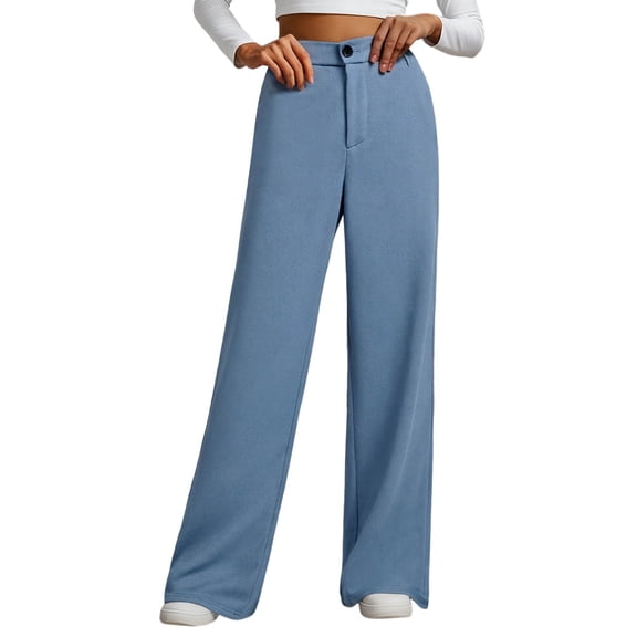 FRSASU Pants for Women Straight Leg Elastic Waist Solid Casual Trousers Button Baggy Spring Comfy Pants with Pockets