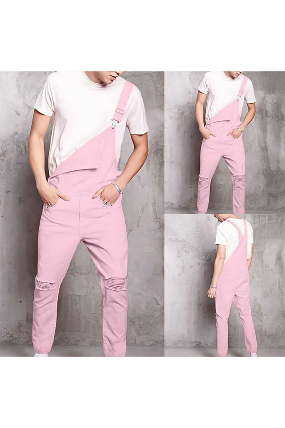 Pink Retro Men's Jeans Jumpsuits Denim Strap Pants Fashion Streetwear Cowboy One Piece Pants Pink