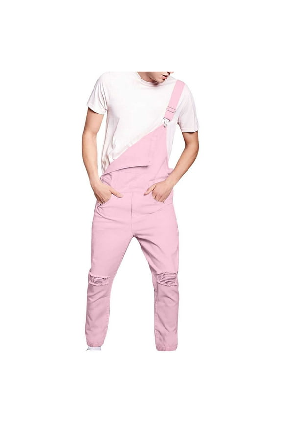 Pink Retro Men's Jeans Jumpsuits Denim Strap Pants Fashion Streetwear Cowboy One Piece Pants Pink