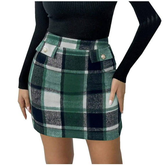 FRSASU Plaid Skirts for Women, Pencil Mini Skirts for Women High Waist Bodycon Christmas Holiday Spring Summer Skirts Trendy Green