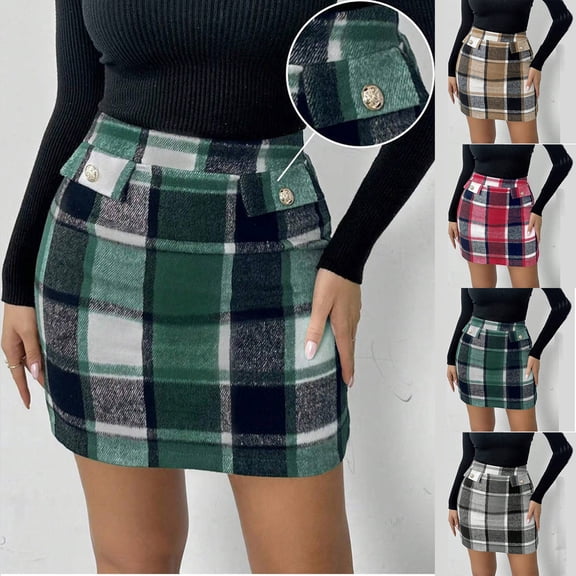 FRSASU Plaid Skirts for Women, Pencil Mini Skirts for Women High Waist Bodycon Christmas Holiday Spring Summer Skirts Trendy Red