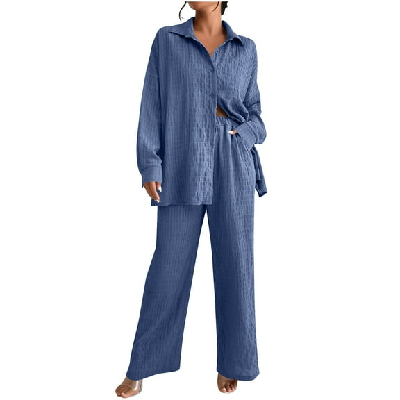 FRSASU Pleated 2 Piece Outfits for Women Long Sleeve Oversized Button Down Shirt Wide Leg Pants Sets Casual Loungewear Blue L(L)