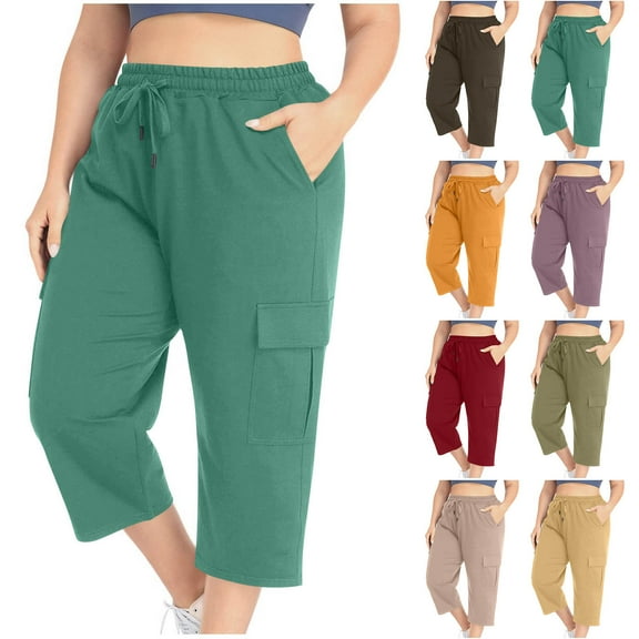 FRSASU Plus Size Capris for Women Solid Loose Drawstring Workout Sweat Pants with Pockets Yellow XL(XL)