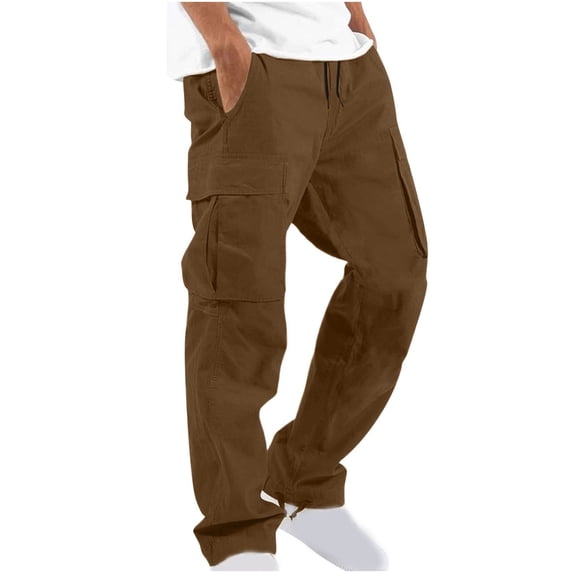 FRSASU Men's Pocket Design Solid Cargo Pants Fitness Trousers Full Length Casual Loose Drawstring Pockets Pants Male Cargo Pants Coffee