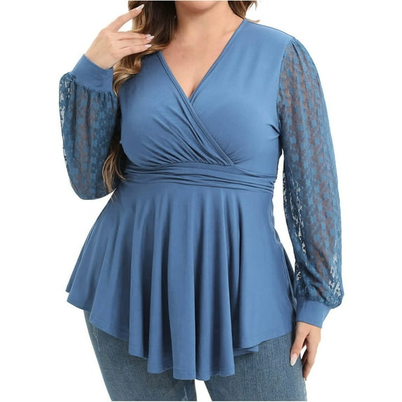 FRSASU Plus Size Clearance Women Loose Long Sleeve Solid V-neck Blouse T-shirt Tops Light Blue 16(XXXXL)