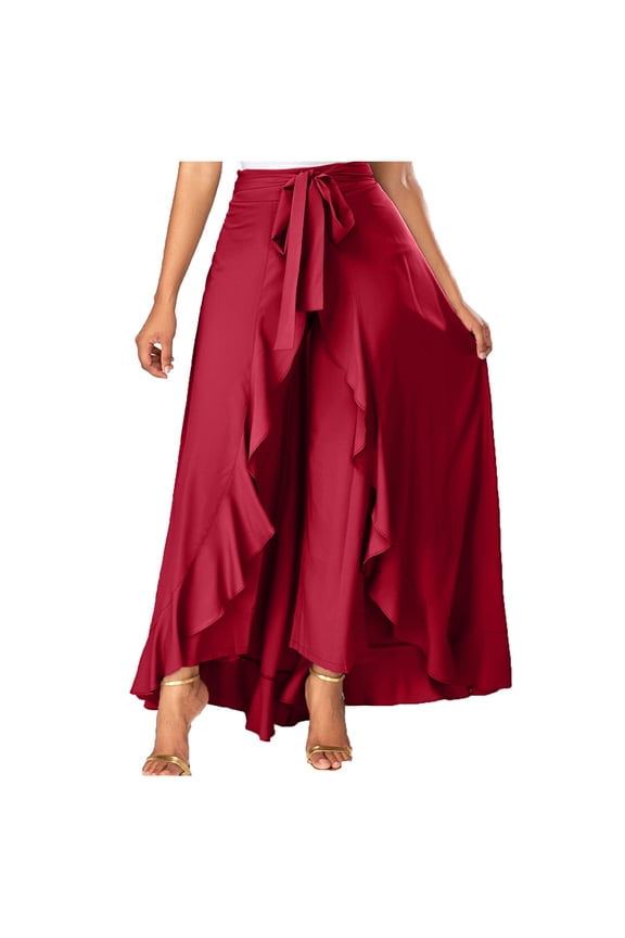Plus Size Women's Hakama Irregular Leaf Bow High Waist Long Culottes Skirt Red 10(XL)