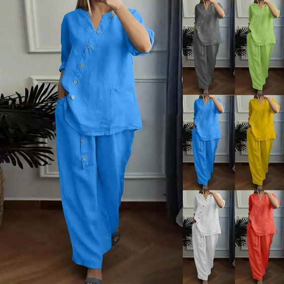 FRSASU Plus Size Cotton Linen Outfits for Women 2 Piece Set Pants Suits V Neck Button 3/4 Sleeve Tops Wide Leg Pants Sets Yellow