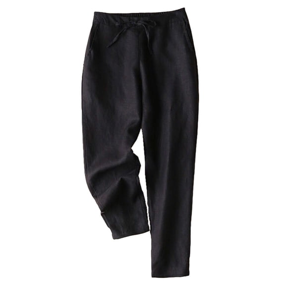 FRSASU Plus Size Cotton Linen Pants for Women Summer Wide Leg Elastic Straight Leg Lounge Pants Drawstring Lightweight Beach Trousers Black