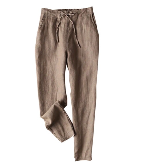 FRSASU Plus Size Cotton Linen Pants for Women Summer Wide Leg Elastic Straight Leg Lounge Pants Drawstring Lightweight Beach Trousers Khaki
