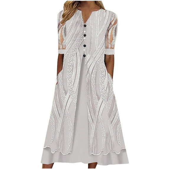 FRSASU Plus Size Dress Clearance Women'S Bohemian V-Neck Loose Half Sleeve Gauze Print Pocket Mid Calf Dress