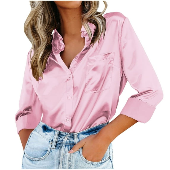 FRSASU Plus Size Long Sleeved Shirt Women's Blouse Satin Silk Shirts Shirts Loose Long Sleeve office Work Tunic Tops Pink 14(XXXL)