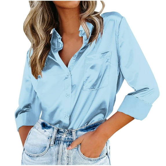 FRSASU Plus Size Long Sleeved Shirt Women's Blouse Satin Silk Shirts Shirts Loose Long Sleeve office Work Tunic Tops Sky Blue 12(XXL)