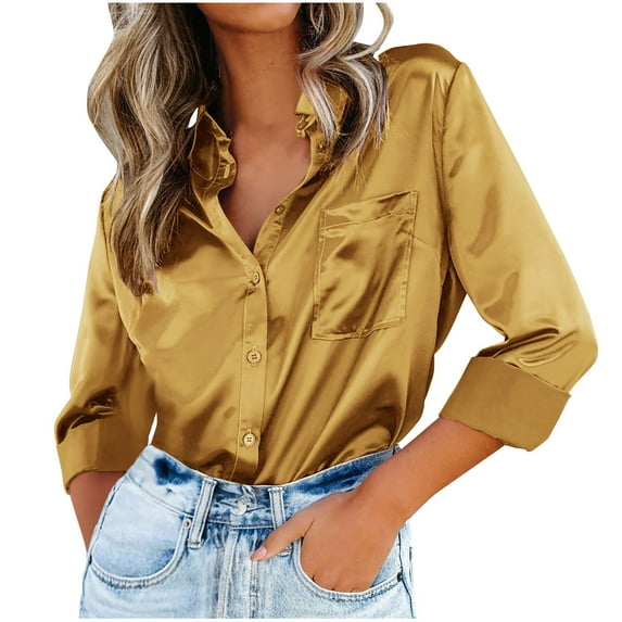 FRSASU Plus Size Long Sleeved Shirt Women's Blouse Satin Silk Shirts Shirts Loose Long Sleeve office Work Tunic Tops Yellow 10(XL)