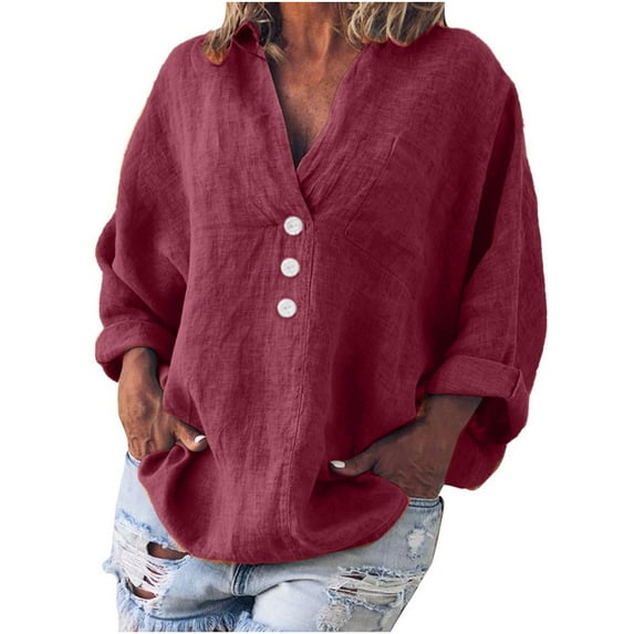 FRSASU Plus Size Long Sleeved Shirt Women's Solid Color Tops Long Sleeved Loose Cotton and Linen Loose Shirt Blouse V-Neck Tops Wine 12(XXL)