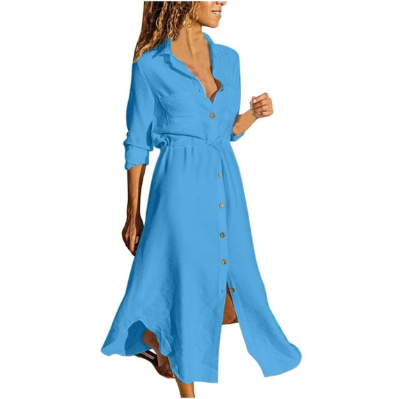 FRSASU Plus Size Maxi Dress Women'S Solid Color Single Breasted Lapel Drawstring Shirt Dress Cotton Linen Dress Sky Blue 10(XL)