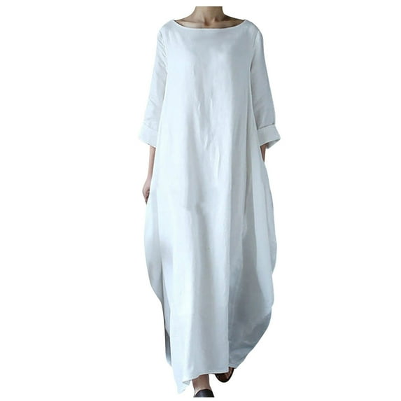 FRSASU Plus Size Maxi Dress Women'S Summer Cotton Linen Loose Short Sleeve Round Neck Solid Dress White 16(XXXXL)
