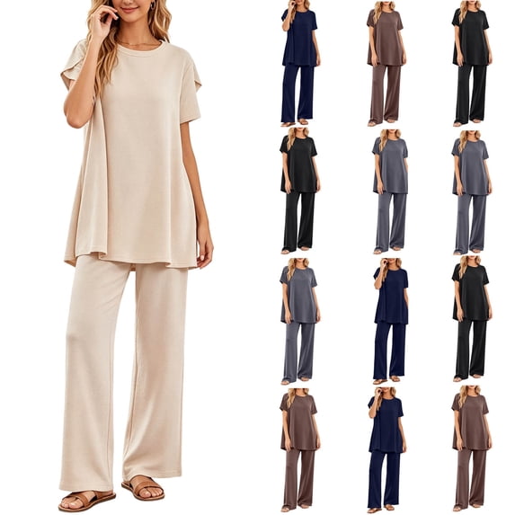 FRSASU Plus Size Pajamas Sets for Women Loose Fit Solid Shorts Sleeve T-shirts with Wide Leg Pant Sleepwear Lounge Sets Navy-A