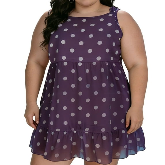 FRSASU Plus Size Summer Tank Dress for Women Casual Sleeveless Crewneck Polka Dot Printed Ruffle Dress Purple