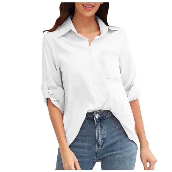 FRSASU Plus Size Tops Clearance Women Pockets Solid Turn-Down Neck Cardigan Long Sleeve Loose T-Shirt Autumn Blouse Button Tops
