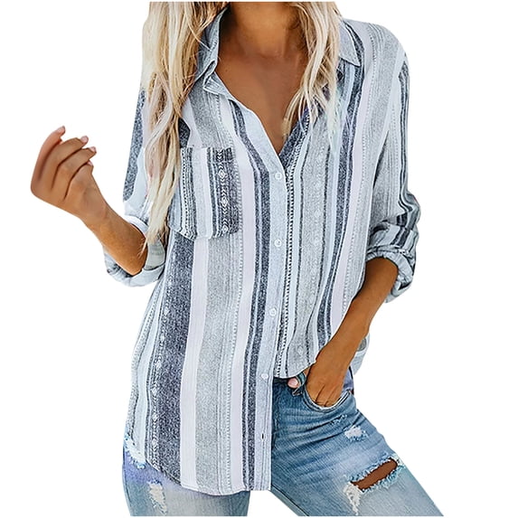 FRSASU Plus Size Women Coats Womens V Neck Striped Roll Up Sleeve Button Down Blouses Tops with Pocket Loose Shirt