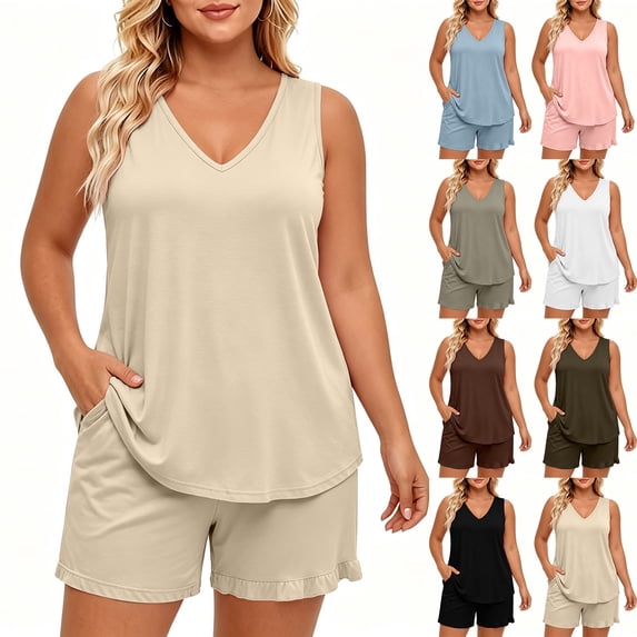 FRSASU Plus Size Women's Pajama Sets Cooling Lightweight Soft Comfy V Neck Sleeveless Loose Fit Tee with Shorts Set Sleepwear White