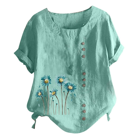 FRSASU Plus Size top Women's Summer Short Sleeve Flower Printing Loose Shirt Tops Mint Green 4(S)
