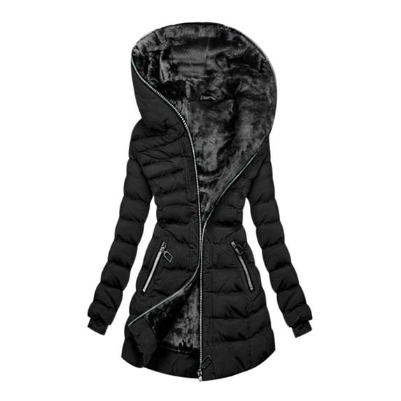FRSASU Plus size Coat Women's Winter Hooded Warm and Velvet Cotton Jacket Mid-Length Coat Black Quilted Jacket Black 12(XXL)