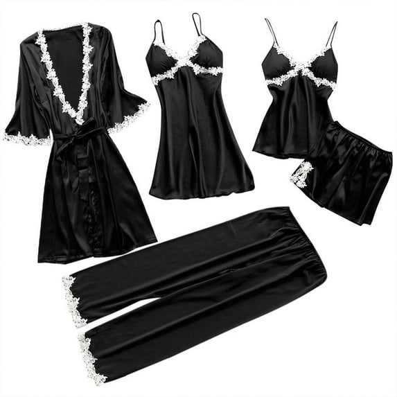 FRSASU Plus size Pajamas Ladies Comfortable Solid Color Lace Suspenders Pajamas Dress Woman Nightgown Home Clothes Suit Black 4(S)