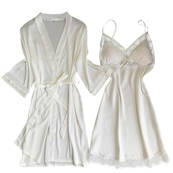 FRSASU Plus size Pajamas New Satin Silk Pajamas Nightdress Women Robes Underwear Sleepwear Lingerie White S(S)