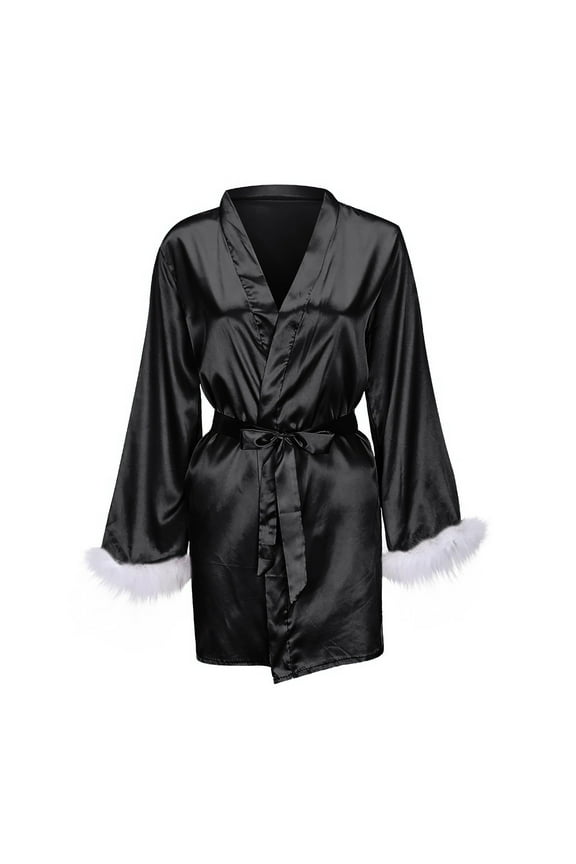 Plus size Pajamas Satin Silk Pajamas Women Nightdress Lingerie Robes Underwear Sleepwear Feather Black XXXL(XXXL)