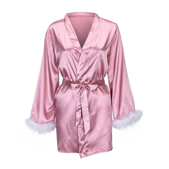 FRSASU Plus size Pajamas Satin Silk Pajamas Women Nightdress Lingerie Robes Underwear Sleepwear Feather Pink XXXL(XXXL)
