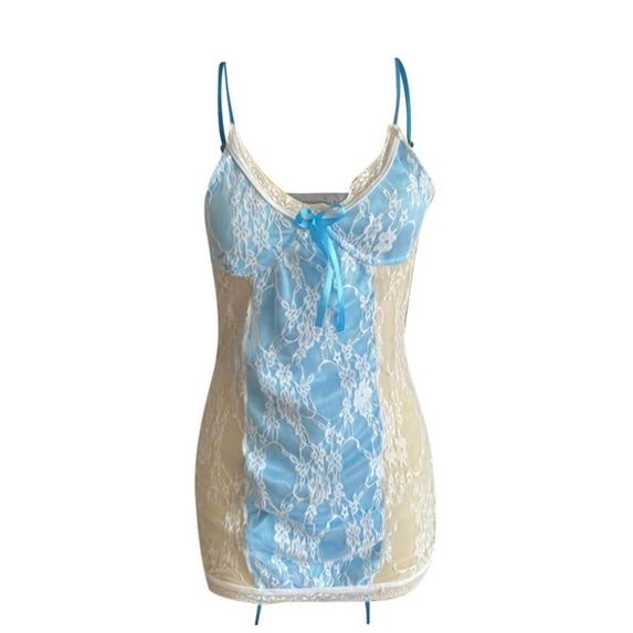 FRSASU Plus size Pajamas Women Lace Sling Vest Hollow Mesh See-Through Ladies Nightdress Set Blue 10(XL)