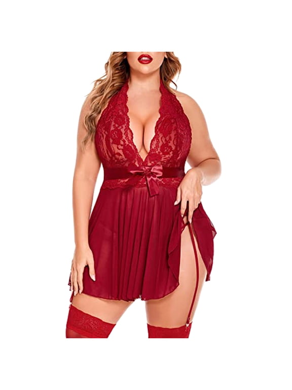 Plus size Pajamas Women Lingerie Lace Halter Chemise Nightgown Temptation Underwear Nightdress +T-String Sleepwear Suit Wine XXXL(XXXL)