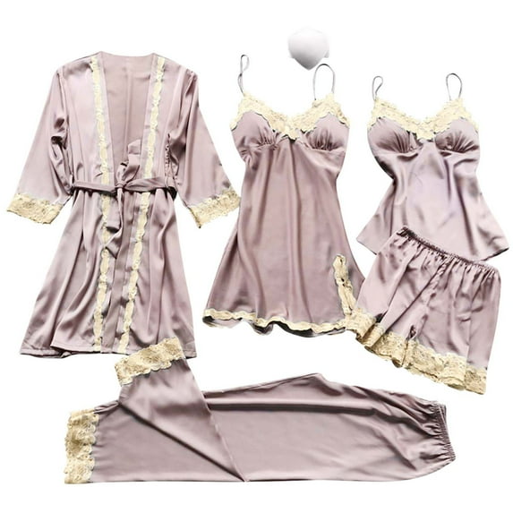 FRSASU Plus size clearance Pajamas Women's Lingerie Silk Lace Robe Dress Nightdress Nightgown Sleepwear Pink XL(XL)